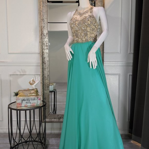 Aqua Jade Beaded Formal Evening Prom Dress - Picture 1 of 2